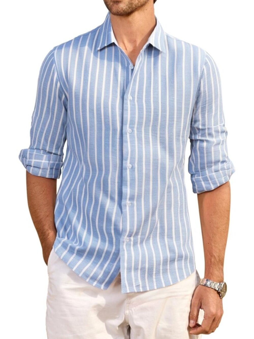 Men's Casual Linen Button Down Shirt - Long Sleeve Striped Cotton for Beach